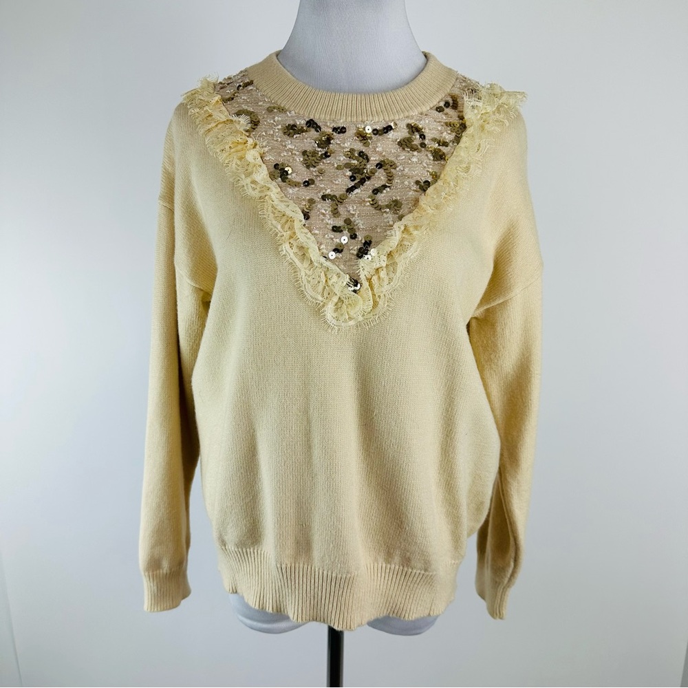 Molly Bracken Sequin and Lace Ivory Sweater Large